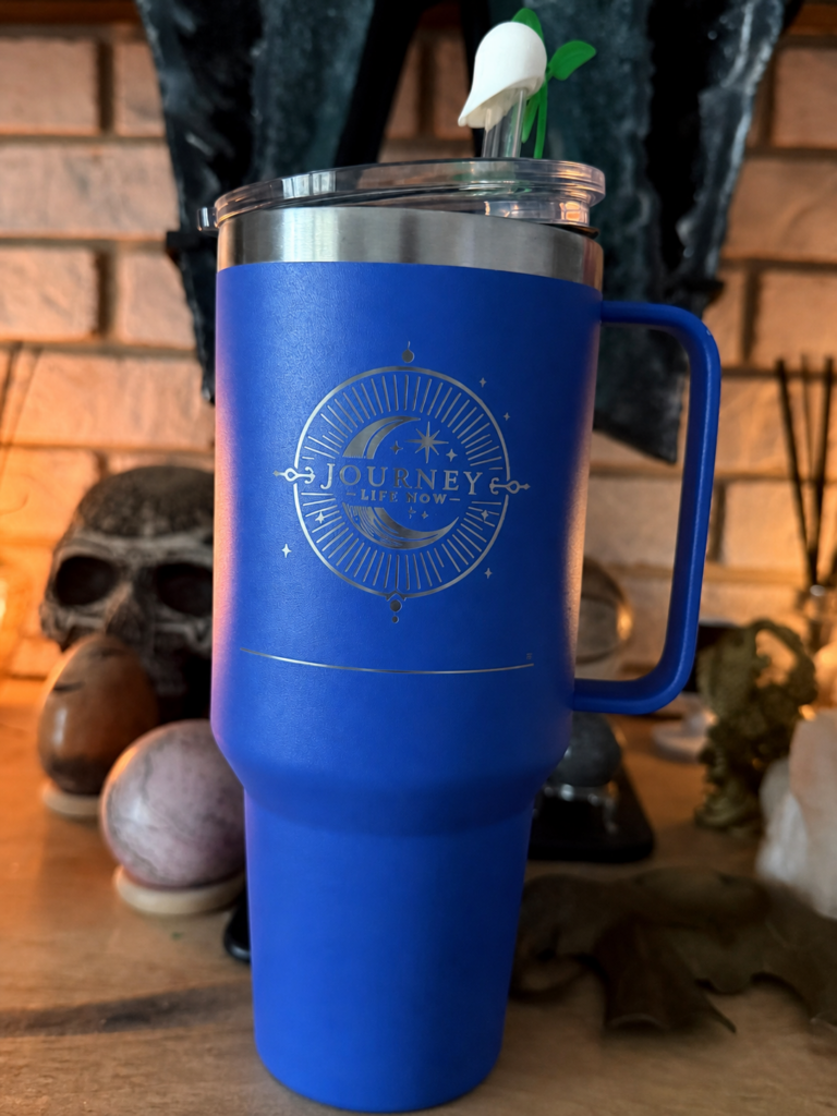 Journey Life Now blue insulated travel cup with handle, lid, straw, and branding