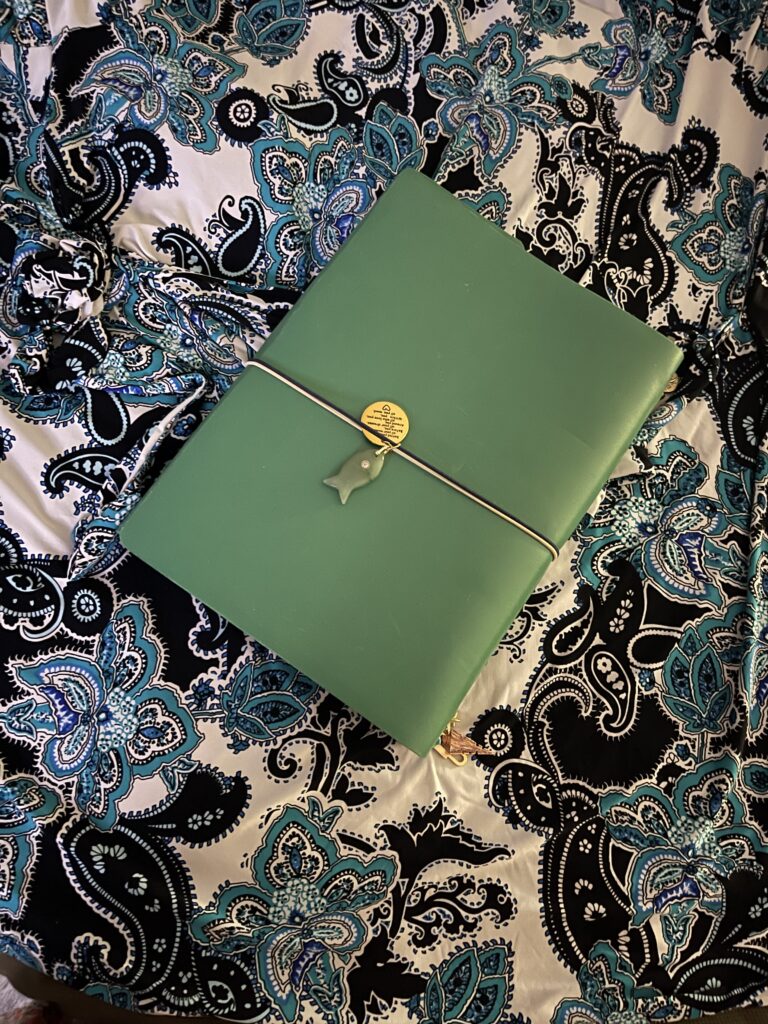 Journey Life Now green A4 handmade leather journal with charms