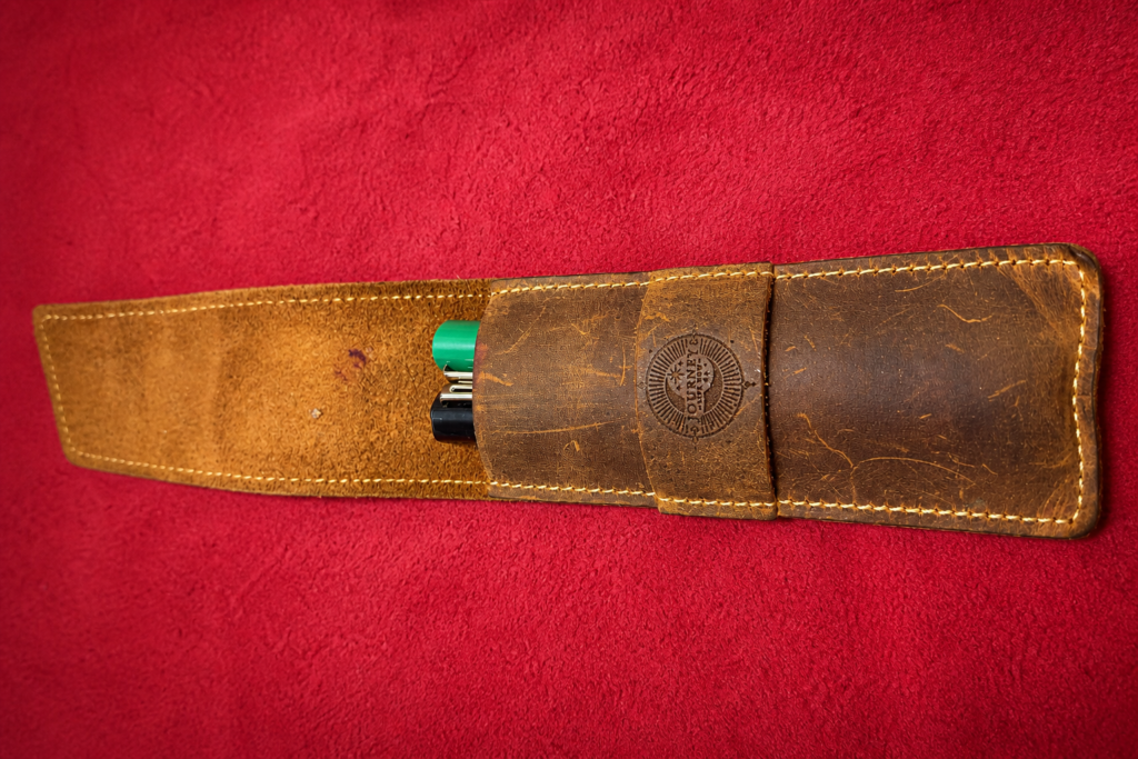 Journey Life Now brown leather pen case and pen holder with branding