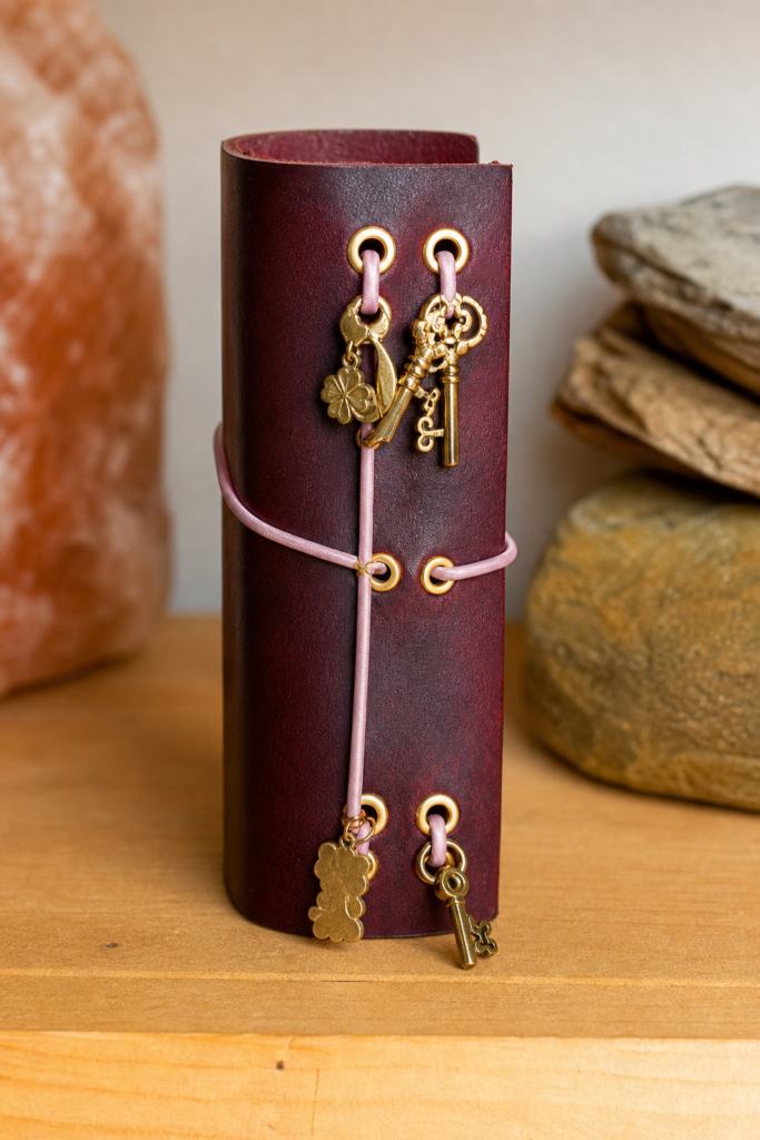 Journey Life Now mini handmade leather journal with charms and details