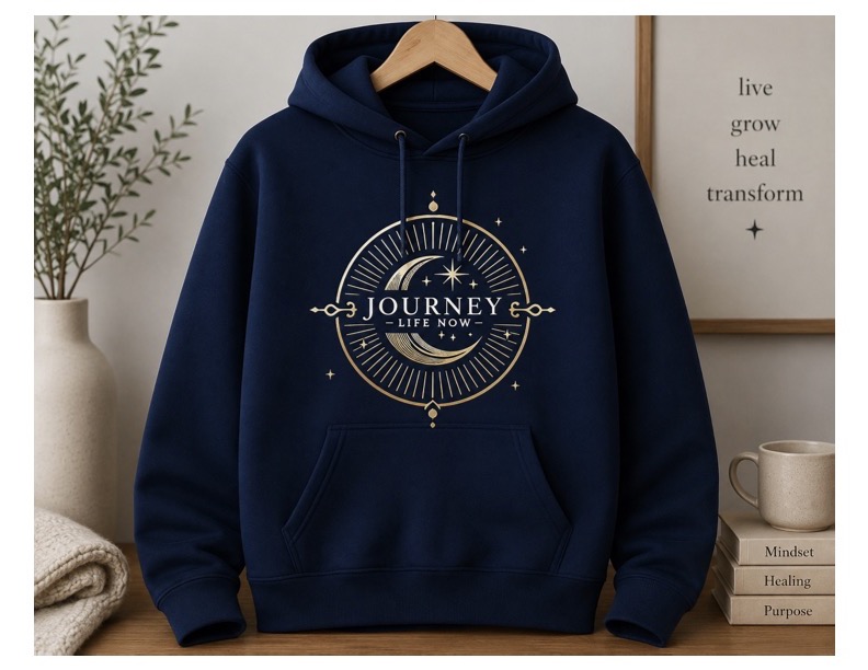 Journey Life Now navy hoodie with gold logo