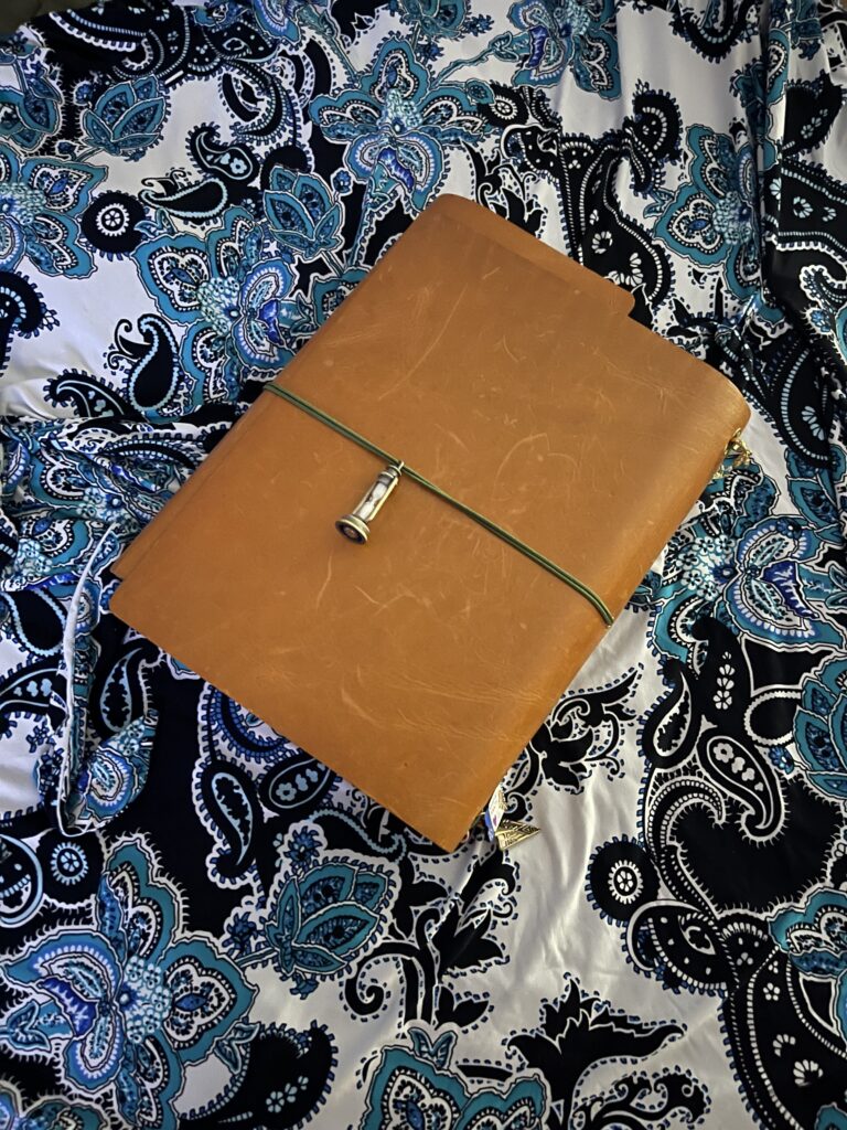 Journey Life Now tan B5 handmade leather journal with charms